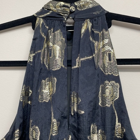 NWOT Express Halter Tiered Maxi Dress Black and Metallic Gold Floral Rose XS - Picture 6 of 15